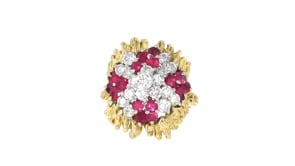C. 1970 Vintage 1.60 ct. t.w. Ruby and 1.20 ct. t.w. Diamond Cluster Ring in 14kt Yellow Gold