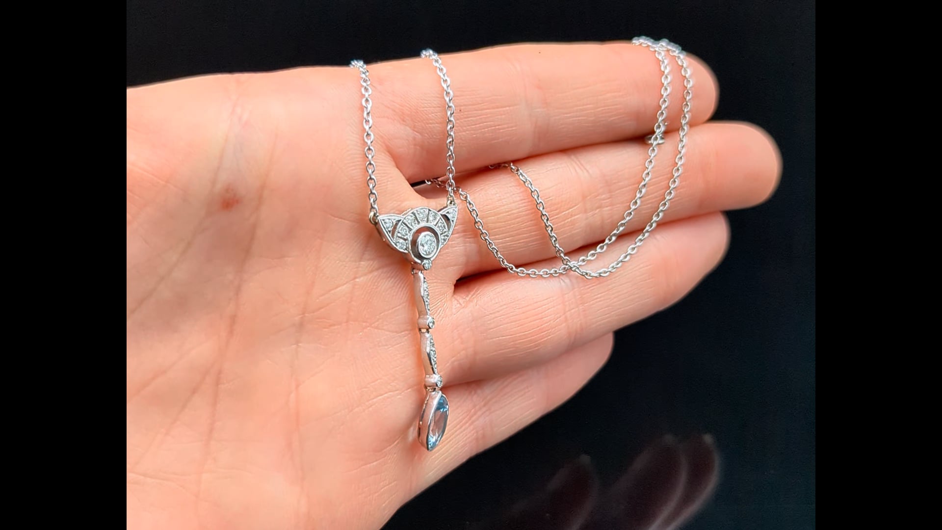 Collier Ancien Vintage Couleur Or Blanc Avec Diamant Et Aigue-marine - Bijou Ancien Référence 3923, Occasion