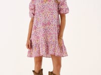 Pink dress with puff sleeves and ikat floral print