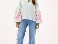 Mint green embroidery blouse with V-neck & puff sleeves | My Jewellery