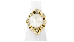 C. 1980 Vintage 13.5mm Cultured South Sea Pearl Ring with .75 ct. t.w. Diamonds in 18kt Yellow Gold