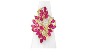 C. 1990 Vintage 3.30 ct. t.w. Ruby Ring with Diamonds in 14kt Yellow Gold