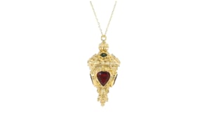C. 1990 Vintage 12.00 ct. t.w. Garnet and .85 ct. t.w. Multi-Gemstone Lantern Pendant Necklace in 18kt Yellow Gold