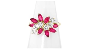 C. 2000 Vintage 1.20 ct. t.w. Ruby and .75 ct. t.w. Diamond Cluster Ring in 14kt Yellow Gold