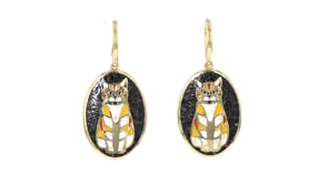 Onyx and Mother-of-Pearl Cat Mosaic Drop Earrings with Multicolored Enamel in 18kt Gold Over Sterling