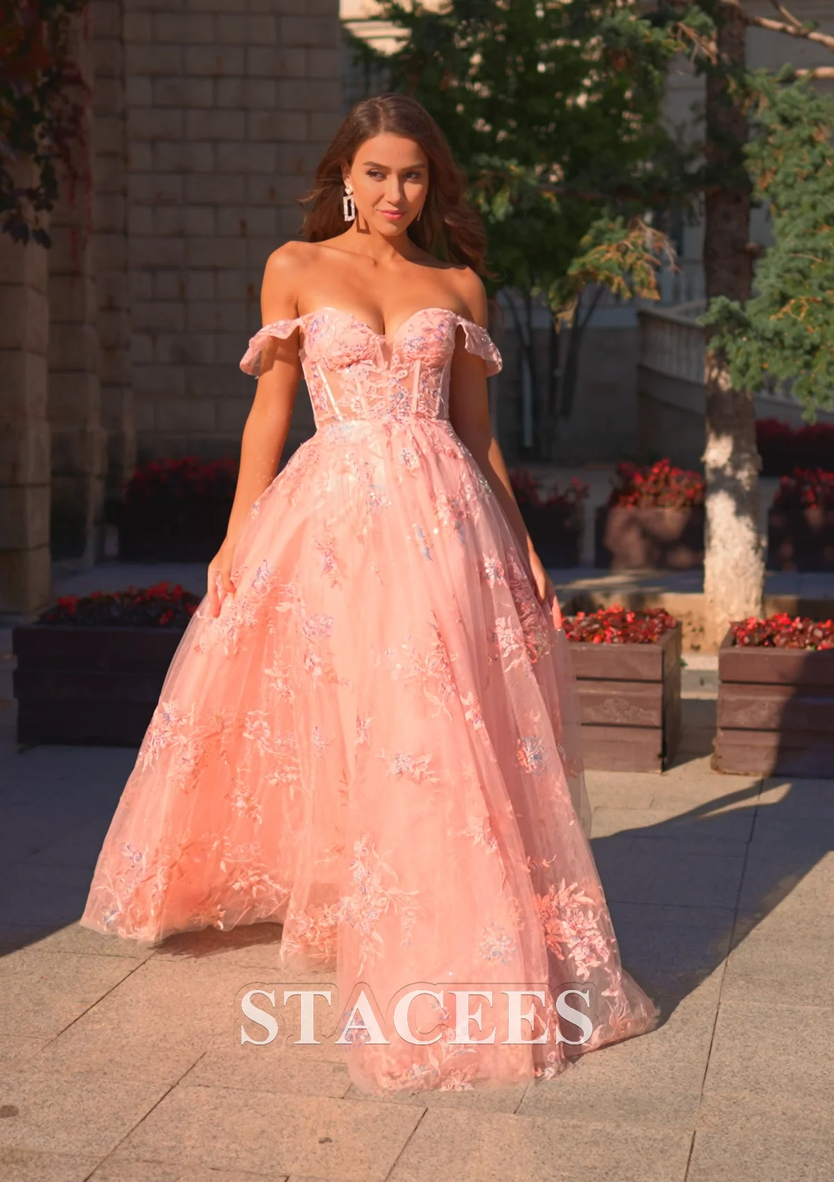 A-line Off-the-Shoulder Tulle Sweep Train Prom Dress with