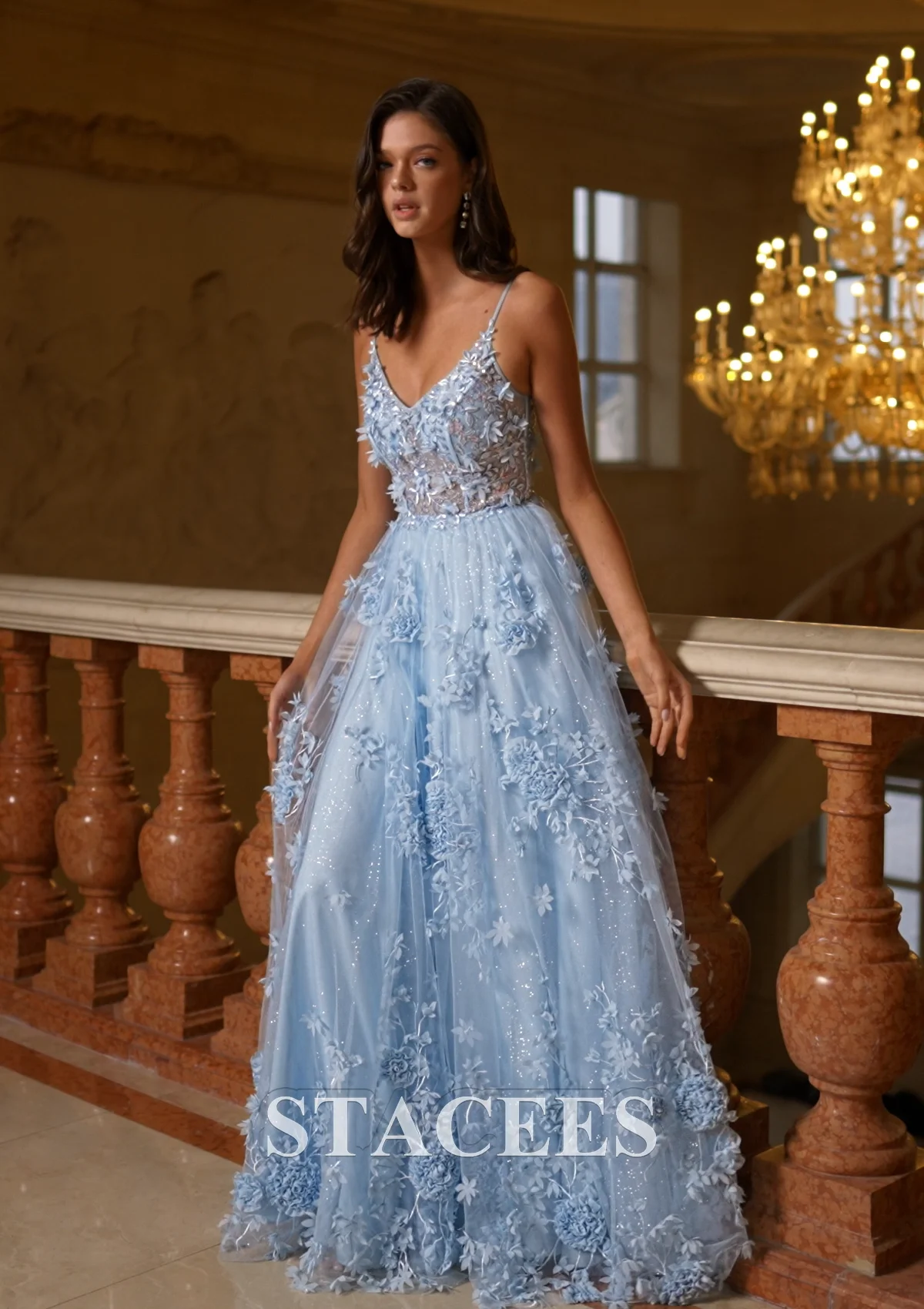 A-line V Neck Tulle Sweep Train Prom Dress with Flowers Sequins Glitter  S8409P - Prom Dresses - Stacees