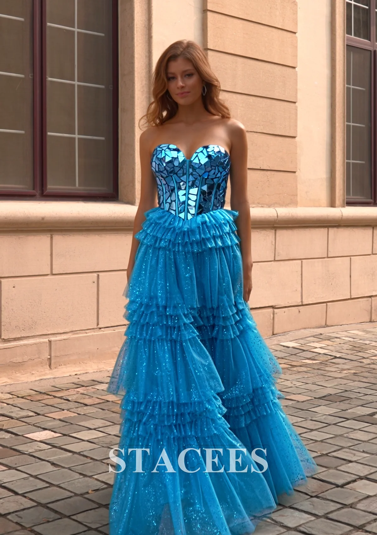 princess blue prom dress Princess Light Blue 3D Floral Lace V-Neck A-Line Long Prom Dress  Modsele