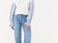 White sweater with striped sleeves | My Jewellery