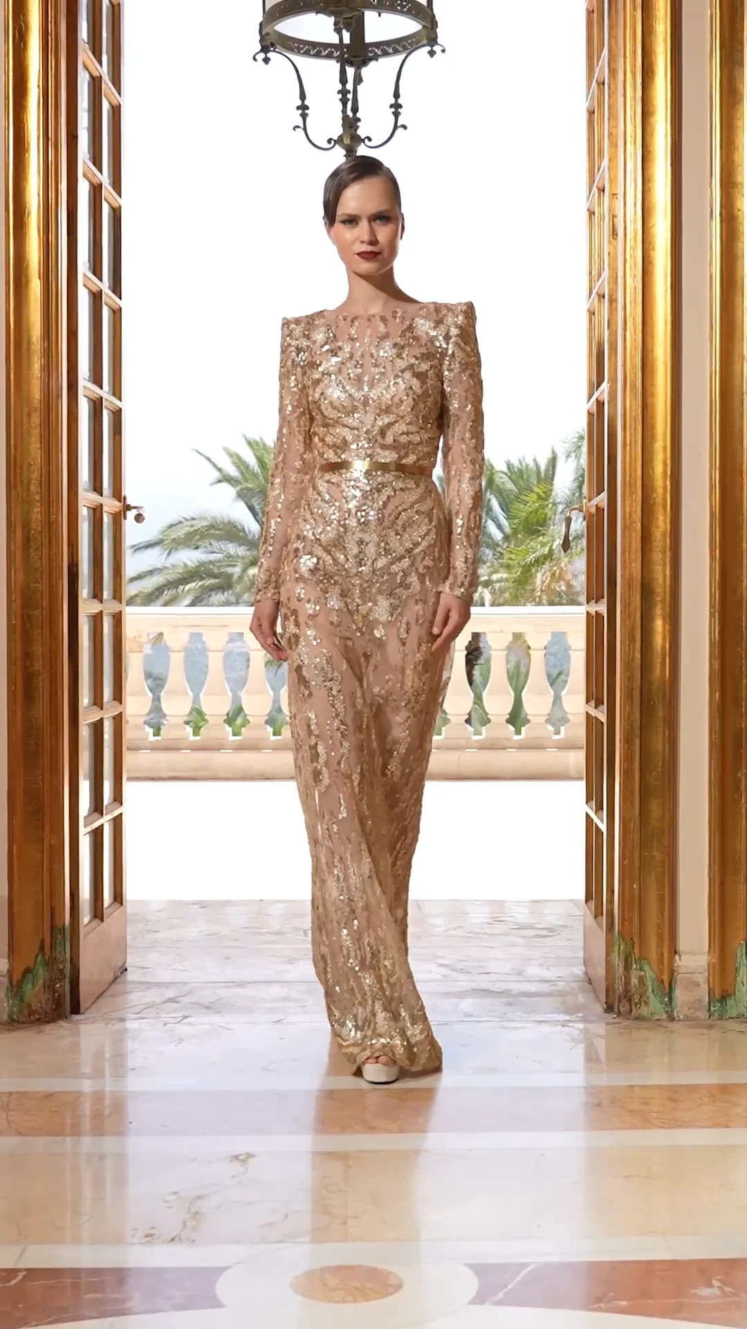 Golden Beaded Column Dress with Shoulder Pads by Tony Ward – Elilhaam