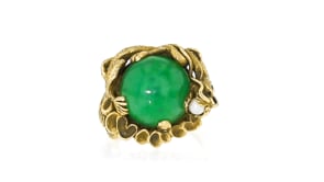 C. 1960 Vintage Jade and 3mm Cultured Pearl Dragon Ring in 14kt Yellow Gold