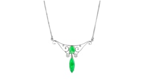 C. 1990 Vintage Jade and .12 ct. t.w. Diamond Swirl Drop Necklace in Platinum