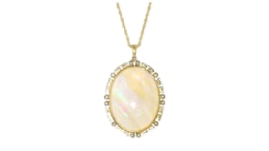 C. 1980 Vintage Opal and .20 ct. t.w. Diamond Greek Key Pendant Necklace in 14kt Yellow Gold