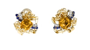 C. 1940 Vintage 12.40 ct. t.w. Citrine and .70 ct. t.w. Sapphire Swirl Earrings with .50 ct. t.w. Diamonds in 14kt Yellow Gold