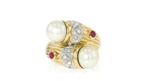 C. 1980 Vintage 9mm Cultured Pearl and .20 ct. t.w. Ruby Bypass Ring with Diamonds in 18kt Two-Tone Gold