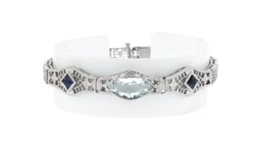 C. 1930 Vintage 2.60 Carat Aquamarine Filigree Bracelet with .50 ct. t.w. Lab-Grown Sapphires in 14kt White Gold
