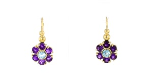 C. 1990 Vintage 3.00 ct. t.w. Amethyst and .40 ct. t.w. Sky Blue Topaz Flower Drop Earrings in 14kt Yellow Gold