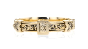 C. 1940 Vintage Black Enamel Buckle Bangle Bracelet in 14kt Yellow Gold