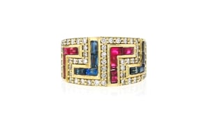 C. 1980 Vintage .90 ct. t.w. Diamond Ring with .50 ct. t.w. Rubies and .50 ct. t.w. Sapphires in 18kt Yellow Gold