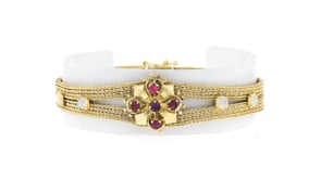 C. 1970 Vintage Opal and .65 ct. t.w. Ruby Bracelet in 14kt Yellow Gold