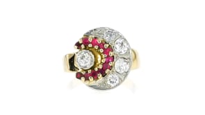 C. 1940 Vintage .65 ct. t.w. Diamond and .50 ct. t.w. Ruby Ring in 14kt Yellow Gold