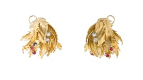 C. 1960 Vintage .20 ct. t.w. Diamond and .36 ct. t.w. Lab-Grown Ruby Leaf Earrings in 18kt Yellow Gold