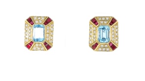 C. 1980 Vintage 5.20 ct. t.w. Sky Blue Topaz and 1.80 ct. t.w. Ruby Earrings with 1.50 ct. t.w. Diamonds in 18kt Yellow Gold