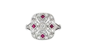 C. 1990 Vintage .58 ct. t.w. Diamond and .32 ct. t.w. Ruby Filigree Ring in Platinum