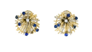 C. 1970 Vintage 1.80 ct. t.w. Sapphire and .16 ct. t.w. Diamond Burst Clip-On Earrings in 14kt Yellow Gold