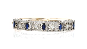 C. 1940 Vintage 3.00 ct. t.w. Lab-Grown Sapphire and .30 ct. t.w. Diamond Filigree Bangle Bracelet in 14kt Yellow Gold with Plat