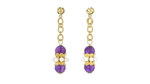 C. 1970 Vintage 9.20 ct. t.w. Amethyst Bead Drop Earrings with 3mm Cultured Pearls in 18kt Yellow Gold