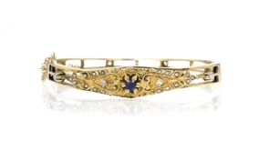 C. 1960 Vintage .15 Carat Sapphire and 1.4-2.5mm Cultured Pearl Bangle Bracelet with Diamonds in 14kt Yellow Gold