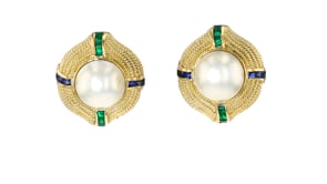 C. 1980 Vintage 15mm Mabe Pearl, 1.50 ct. t.w. Sapphire and 1.20 ct. t.w. Emerald Earrings in 14kt Yellow Gold