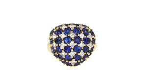 C. 1980 Vintage 4.18 ct. t.w. Sapphire and .60 ct. t.w. Diamond Dome Heart Ring in 18kt Yellow Gold