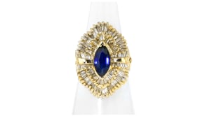 C. 2000 Vintage 1.50 Carat Sapphire and 1.80 ct. t.w. Baguette Diamond Cluster Ring in 14kt Yellow Gold