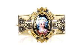 C. 1920 Vintage Multicolored Enamel Portrait Bangle Bracelet with Simulated and Cultured Pearls in 14kt Yellow Gold