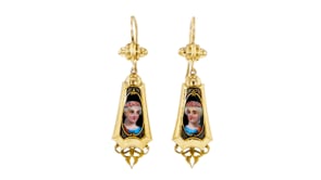 C. 1920 Vintage Painted Portrait Drop Earrings with Black Enamel in 14kt Yellow Gold