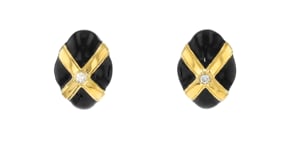 C. 1980 Vintage .30 ct. t.w. Diamond and Black Enamel Earrings in 14kt Yellow Gold