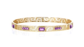 C. 1970 Vintage 2.25 ct. t.w. Amethyst Filigree Swirl Bangle Bracelet in 14kt Yellow Gold