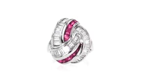 C. 1990 Vintage 1.36 ct. t.w. Diamond and 1.01 ct. t.w. Ruby Love Knot Ring in Platinum