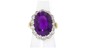 C. 1970 Vintage 14.50 Carat Amethyst and 2.00 ct. t.w. Diamond Cocktail Ring in 14kt Yellow Gold