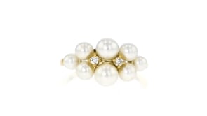 C. 2000 Vintage Mikimoto 4.5-6.5mm Cultured Pearl Cluster Ring with Diamonds in 18kt Yellow Gold