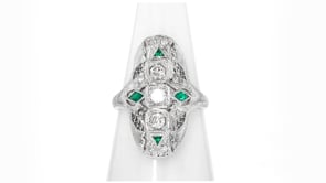 C. 1950 Vintage .48 ct. t.w. Diamond Filigree Ring with .11 ct. t.w. Simulated Emeralds in 18kt White Gold