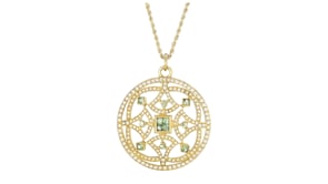 C. 1980 Vintage Chrysoberyl and 3.00 ct. t.w. Diamond Openwork Circle Pendant Necklace in 18kt Yellow Gold
