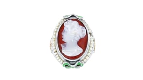 C. 1980 Vintage Brown Shell Cameo Bow Ring with Seed Pearls and Green Enamel in 14kt Two-Tone Gold