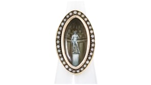 C. 1940 Vintage Multicolored Enamel Statue of David Ring with 2mm Cultured Pearls in 14kt Yellow Gold