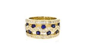 C. 1990 Vintage 1.00 ct. t.w. Sapphire and .65 ct. t.w. Diamond Multi-Row Wave Ring in 14kt Yellow Gold
