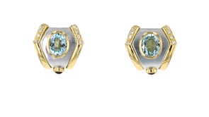 C. 1980 Vintage 4.00 ct. t.w. Sky Blue Topaz and .30 ct. t.w. Ruby Geometric Earrings with .25 ct. t.w. Diamonds in 18kt Two-Ton