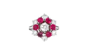 C. 1970 Vintage 1.25 ct. t.w. Diamond and 1.20 ct. t.w. Ruby Flower Ring in 14kt White Gold