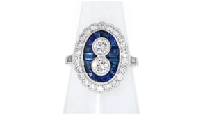 C. 2000 Vintage 1.12 ct. t.w. Diamond and 1.02 ct. t.w. Sapphire Ring in Platinum